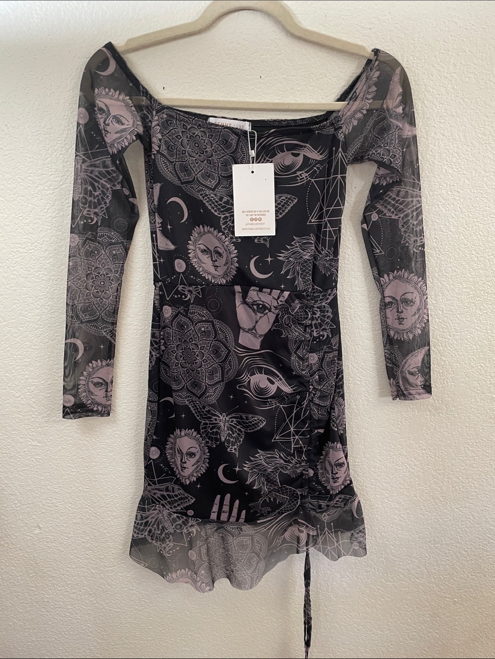 Sheer celestial Mystical  Print Mini Dress Black Off shoulder whymsigoth 14x26